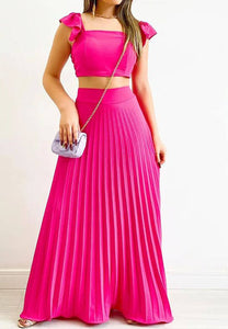 Fusha Pink Cap Sleeve Crop Top & High Waist Pleated Maxi Skirt