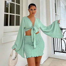 Load image into Gallery viewer, Light Green Long Bell Sleeve Crop Top and Mini Skirt Set