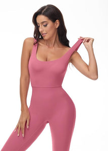 Rose Pink Sleeve Pilates Princess Cut-Out Bodycon Wide Leg Flared Jumpsuit