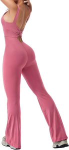 Rose Pink Sleeve Pilates Princess Cut-Out Bodycon Wide Leg Flared Jumpsuit