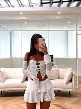 Load image into Gallery viewer, White Cut-Out Sweetheart Lace Crop Top &amp; Ruffle Mini Skirt