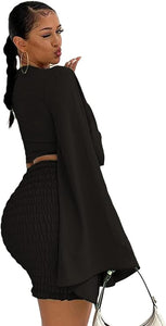 Black Bell Sleeve Crop Top and Mini Skirt Set