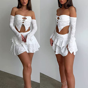 White Cut-Out Sweetheart Lace Crop Top & Ruffle Mini Skirt