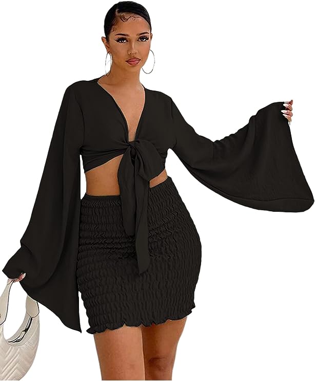 Black Bell Sleeve Crop Top and Mini Skirt Set