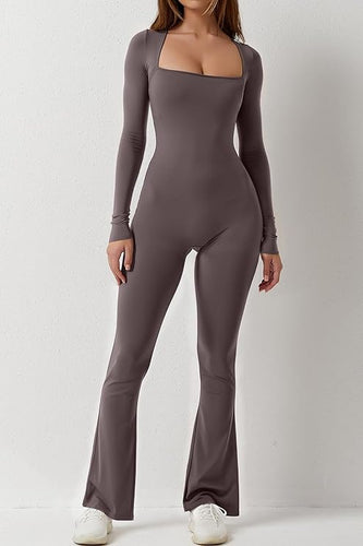 Grey Longsleeve Square Neck Bodycon Wide Leg Flared Jumpsuit