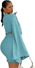 Load image into Gallery viewer, Light Blue Long Bell Sleeve Crop Top and Mini Skirt Set