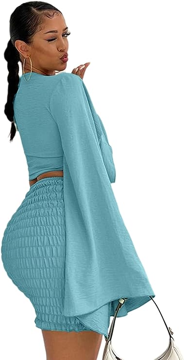 Light Blue Long Bell Sleeve Crop Top and Mini Skirt Set