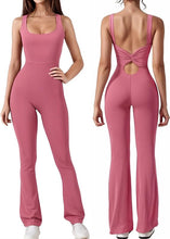 Load image into Gallery viewer, Rose Pink Sleeve Pilates Princess Cut-Out Bodycon Wide Leg Flared Jumpsuit