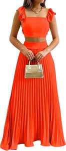 Orange Cap Sleeve Crop Top & High Waist Pleated Maxi Skirt