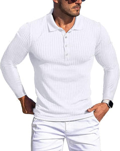 Men's Slim Fit Long Sleeve White Muscle Polo Shirt
