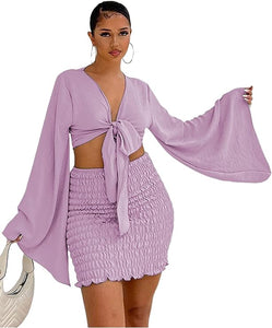 Light Purple Long Bell Sleeve Crop Top and Mini Skirt Set