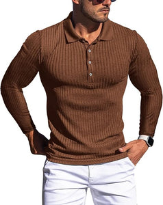 Men's Slim Fit Long Sleeve Brown Muscle Polo Shirt