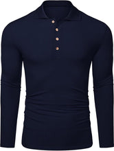 Load image into Gallery viewer, Men&#39;s Slim Fit Long Sleeve Navy Blue Muscle Polo Shirt