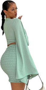 Light Green Long Bell Sleeve Crop Top and Mini Skirt Set
