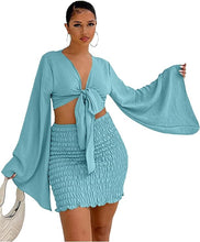 Load image into Gallery viewer, Light Blue Long Bell Sleeve Crop Top and Mini Skirt Set