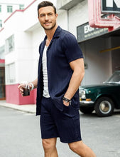 Load image into Gallery viewer, Men&#39;s Wavy Navy Blue Textured Button Up Shirt &amp; Shorts Set
