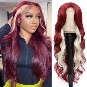 Burgundy & Blonde Mixed Skunk Strip Body Wave Lace Front Wig