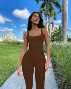 Brown Sleeveless Compression Bodycon Jumpsuit