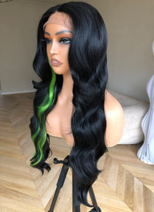 Kelly Green Skunk Strip Human Hair Blend Body Wave Lace Front Wig