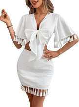 Load image into Gallery viewer, Off To Tulum 2 Piece Tassel Wrap Crop Blouse and Mini Skirt Sets
