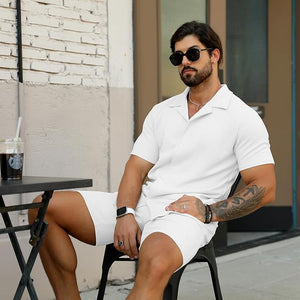 Men's Vacation Mood White Textured Button Up Shirt & Shorts Set