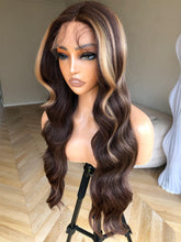 Load image into Gallery viewer, Stacy Human Hair Blend With Blonde Highlights Body Wave Lace Front Wig