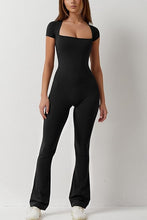 Load image into Gallery viewer, Black Short Sleeve Square Neck Bodycon Wide Leg Flared Jumpsuit