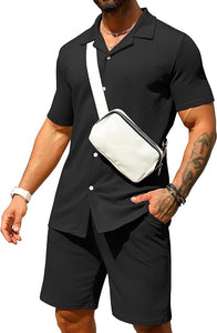Men's Black Textured Button Up Shirt & Shorts Set