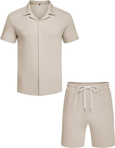 Men's Vacation Mood Khaki Textured Button Up Shirt &amp; Shorts Set