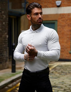 Men's Slim Fit Long Sleeve White Muscle Polo Shirt
