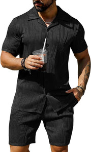 Men's Wavy Black Textured Button Up Shirt & Shorts Set