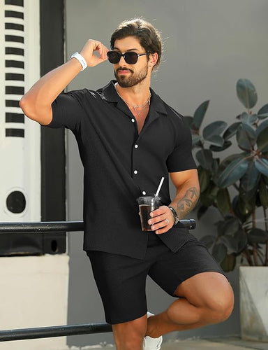 Men's Black Textured Button Up Shirt & Shorts Set
