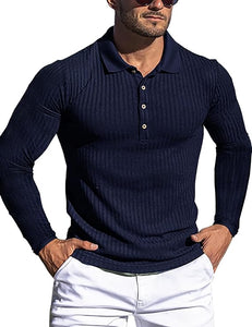 Men's Slim Fit Long Sleeve Navy Blue Muscle Polo Shirt
