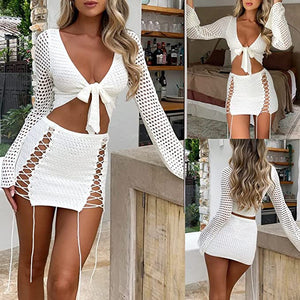 White Knit Saint Tropez Wrap Crop Top & Lace-Up Mini Skirt