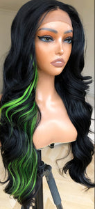 Kelly Green Skunk Strip Human Hair Blend Body Wave Lace Front Wig
