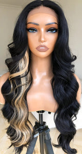 Blonde Skunk Strip Human Hair Blend Body Wave Lace Front Wig