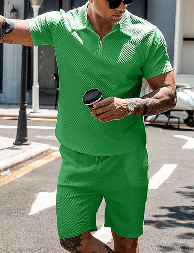 Money Green Textured Zip-Up Shirt and Shorts Set