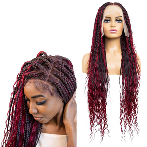 Sexy Red Goddess Crochet Box Braids with Curly Ends Lace Front Wig