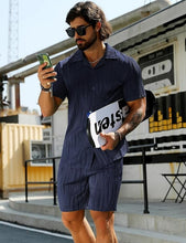 Load image into Gallery viewer, Men&#39;s Wavy Navy Blue Textured Button Up Shirt &amp; Shorts Set