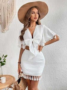 Off To Tulum 2 Piece Tassel Wrap Crop Blouse and Mini Skirt Sets