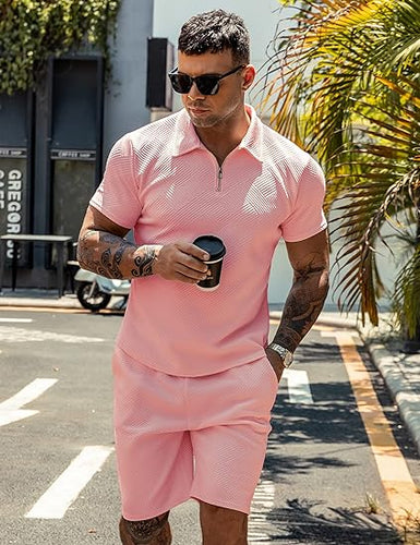 Pink Textured Zip-Up Shirt and Shorts Set
