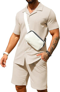 Men's Vacation Mood Khaki Textured Button Up Shirt &Shorts Set