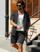 Load image into Gallery viewer, Men&#39;s Wavy Black Textured Button Up Shirt &amp; Shorts Set
