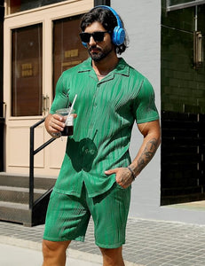 Men's Wavy Green Textured Button Up Shirt & Shorts Set