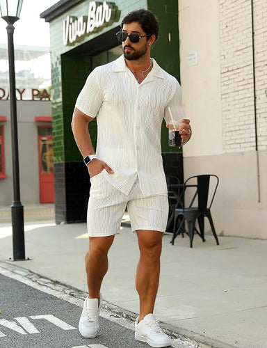 Men's Wavy White Textured Button Up Shirt & Shorts Set