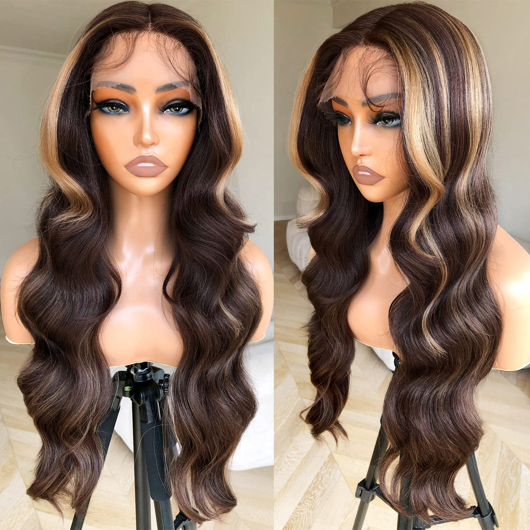 Stacy Human Hair Blend With Blonde Highlights Body Wave Lace Front Wig