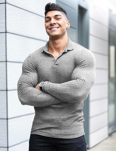 Men's Slim Fit Long Sleeve Grey Muscle Polo Shirt