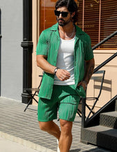Load image into Gallery viewer, Men&#39;s Wavy Green Textured Button Up Shirt &amp; Shorts Set