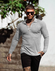Men's Slim Fit Long Sleeve Grey Muscle Polo Shirt