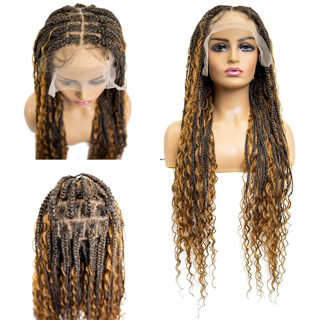 Breanna #T1B27 Goddess Crochet Box Braids with Curly Ends Lace Front Wig